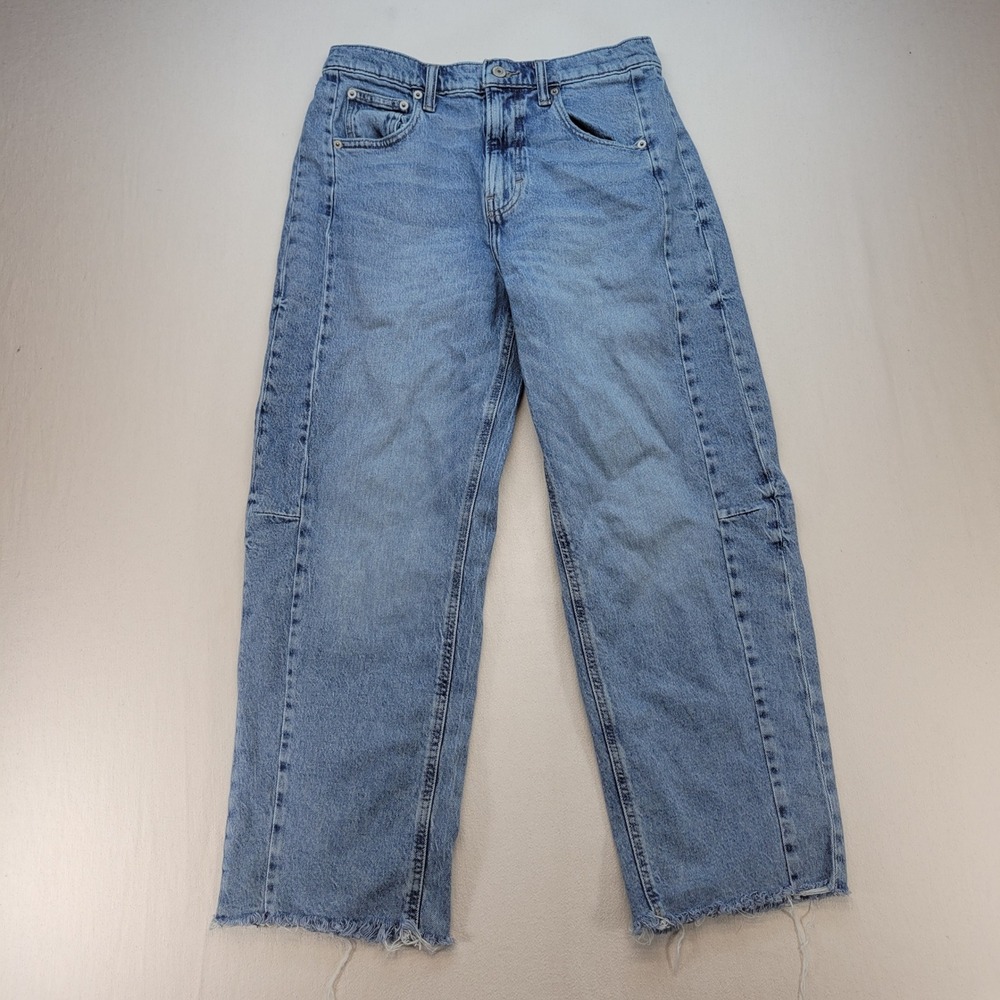 Lucky Brand Barrel Jeans Womens 6/28A Blue High Rise Raw Hem Seam Front